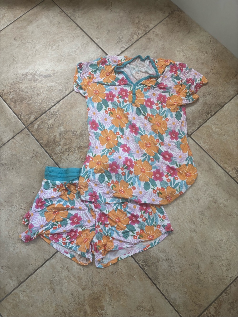 Little Sleepies Floral Short Pajama Set in Yellow, Pink & Teal